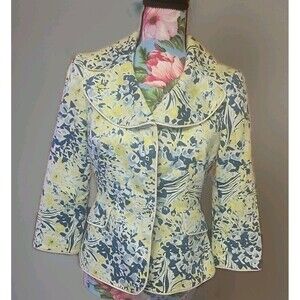 Alex Marie Womens Coat 2P 8 Notch Lapel Floral Green Beach Blue Trim Jacket Exc